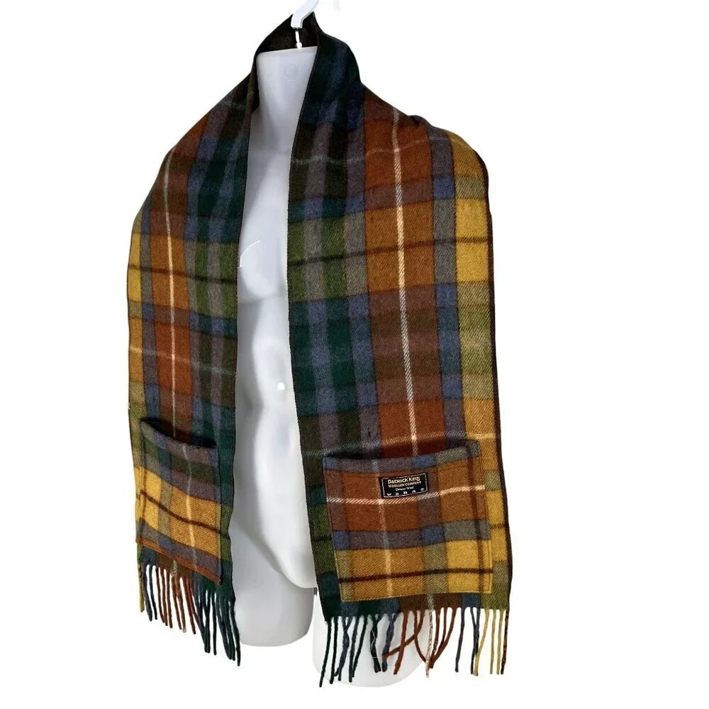 Patrick King Woollen Co. Deluxe Wool Tartan Plaid Scarf Pockets Fringe Preppy